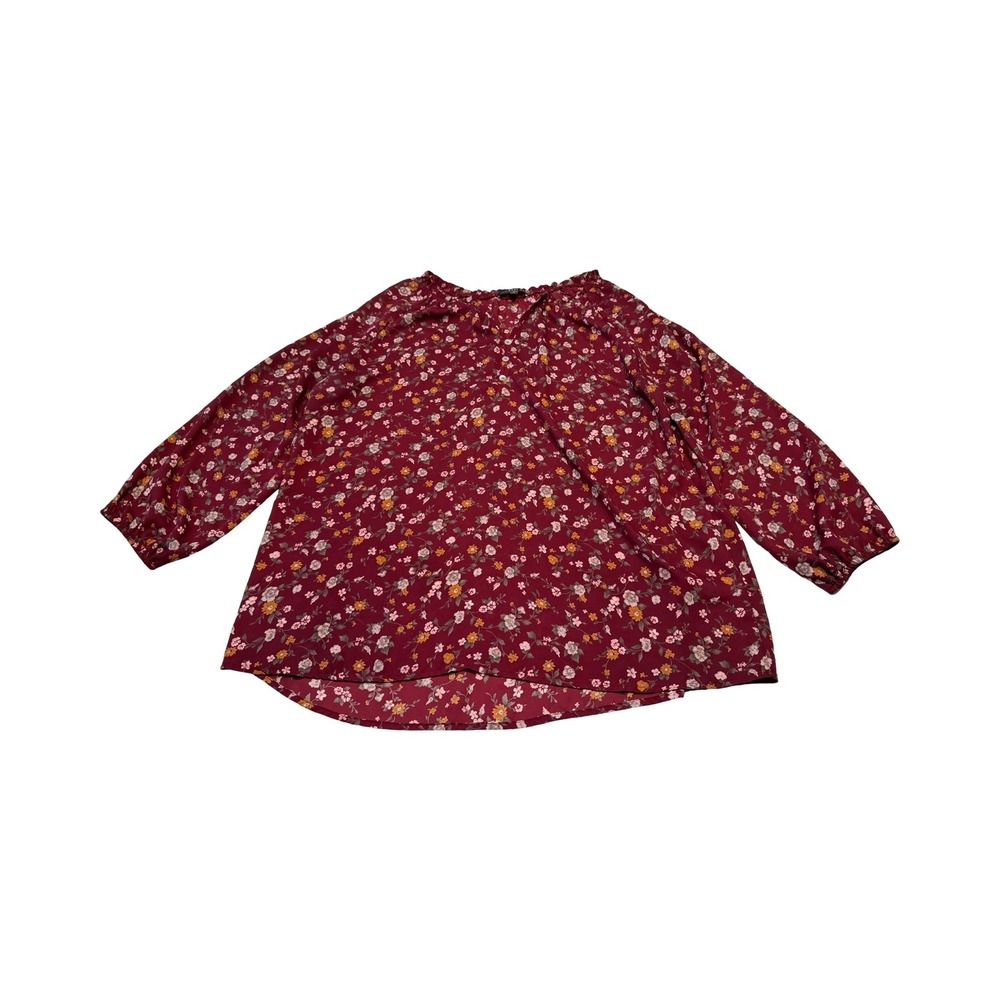 West Kei Womens Burgundy Floral Ruffle Neck‎ Henley Blouse L boho